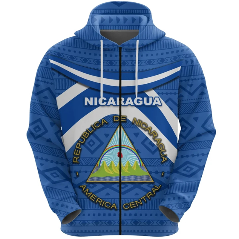 Street Fashion Zip Up Hoodie - Vintage NI Nicaragua Flag Street Print