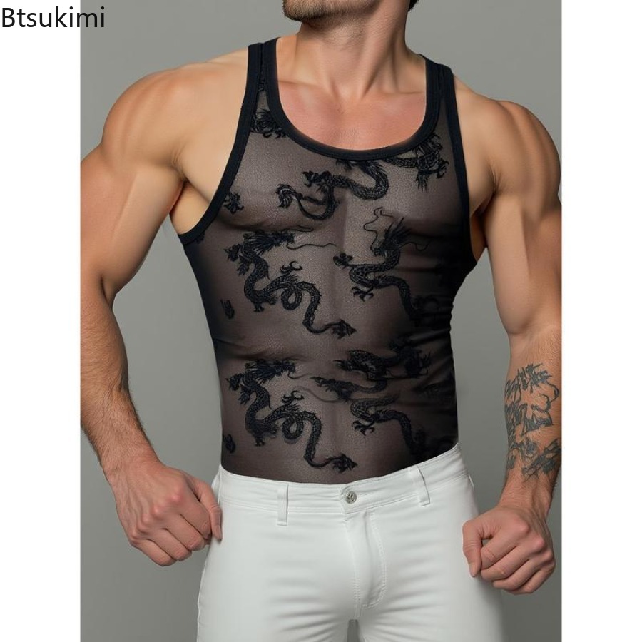 Sexy Lace Tank Tops Men Transp - Street Fashion Outfit For Men 评论和价格