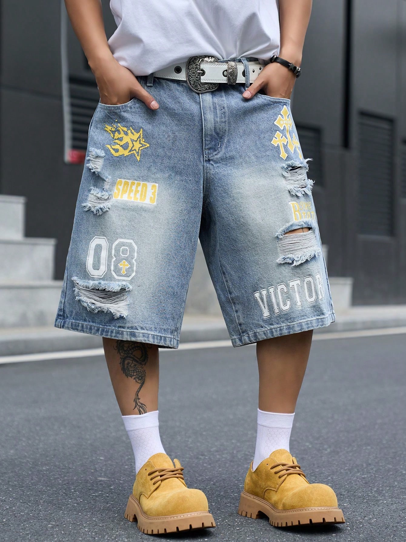 Men's Loose Fit Denim Bermuda  - Street Fashion Dance 评论和价格