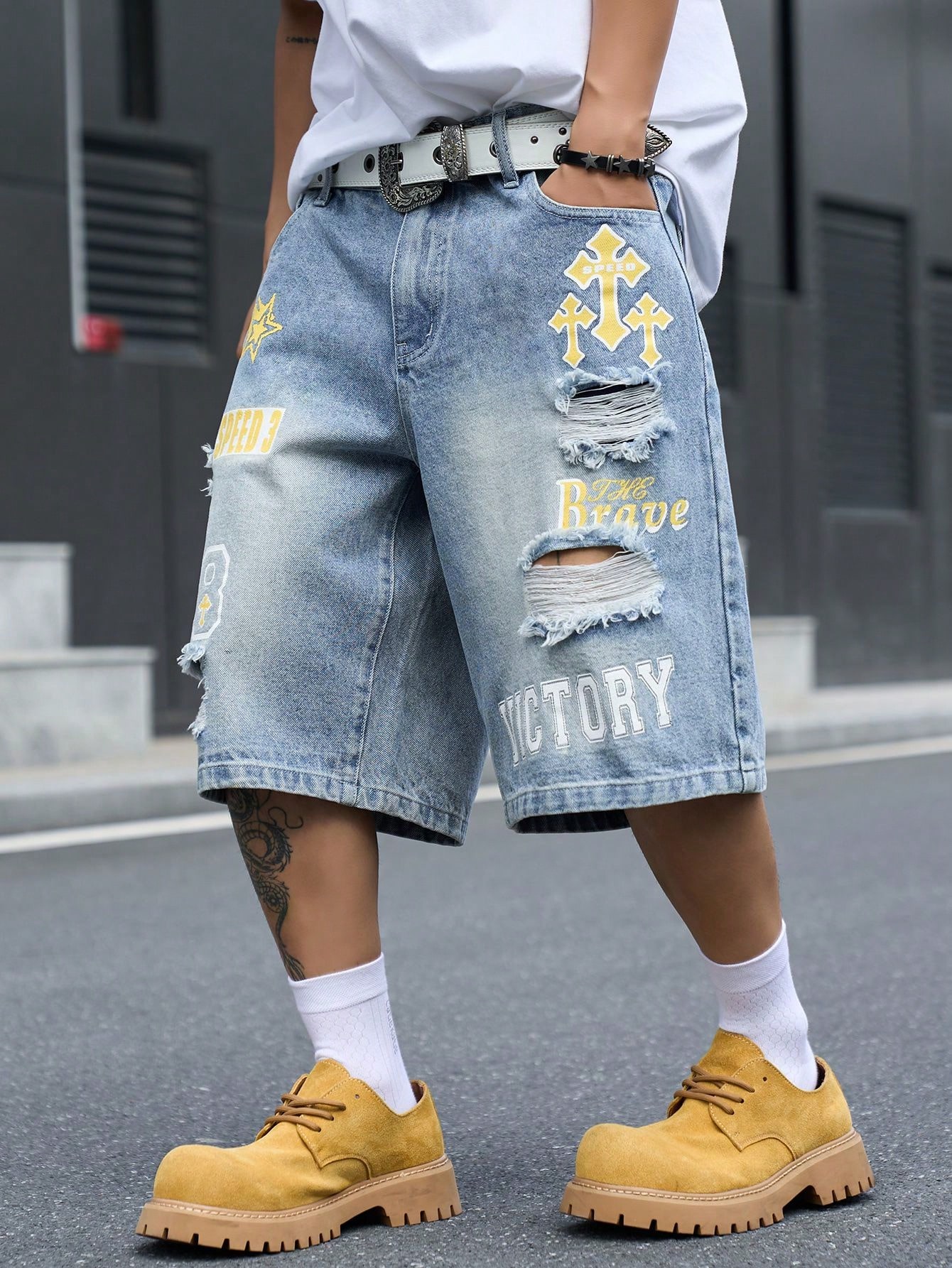 Men's Loose Fit Denim Bermuda  - Street Fashion Dance 评论和价格